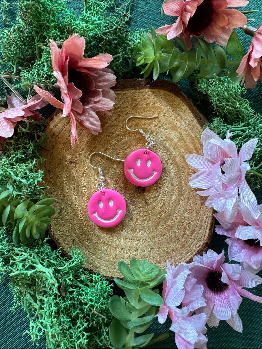 Handmade Polymer Clay Stainless Steel Hot Pink Smiley Face Earrings